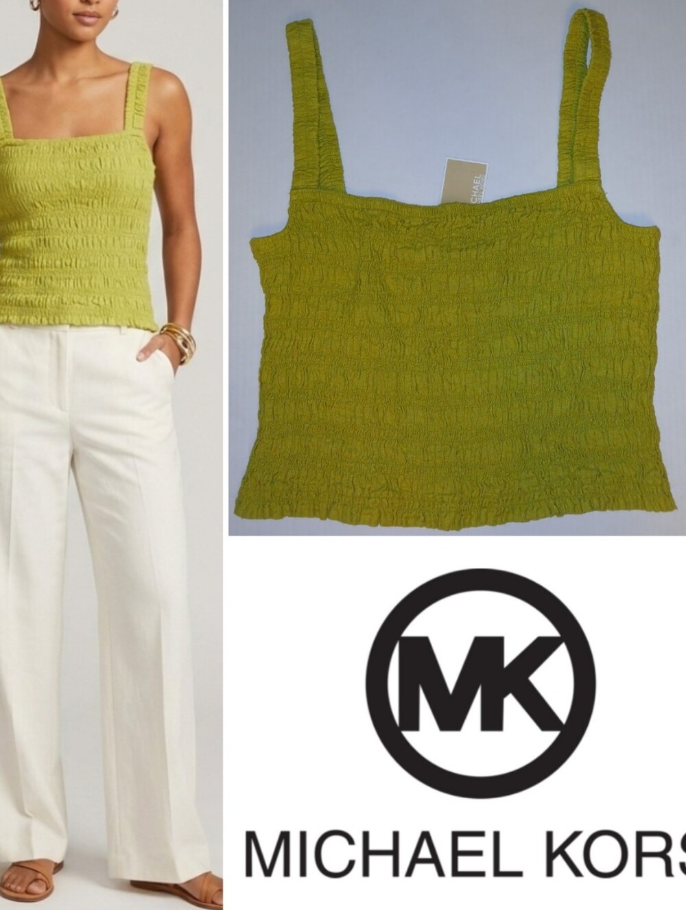 Michael Kors Linen Blend Smocked Cami, Lichen Green/ Summer 26 piece